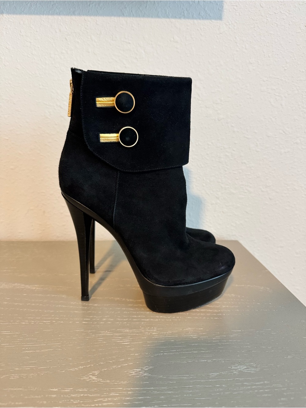 Rachel Zoe Black Suede High Heel Ankle Boots with Gold Accents
